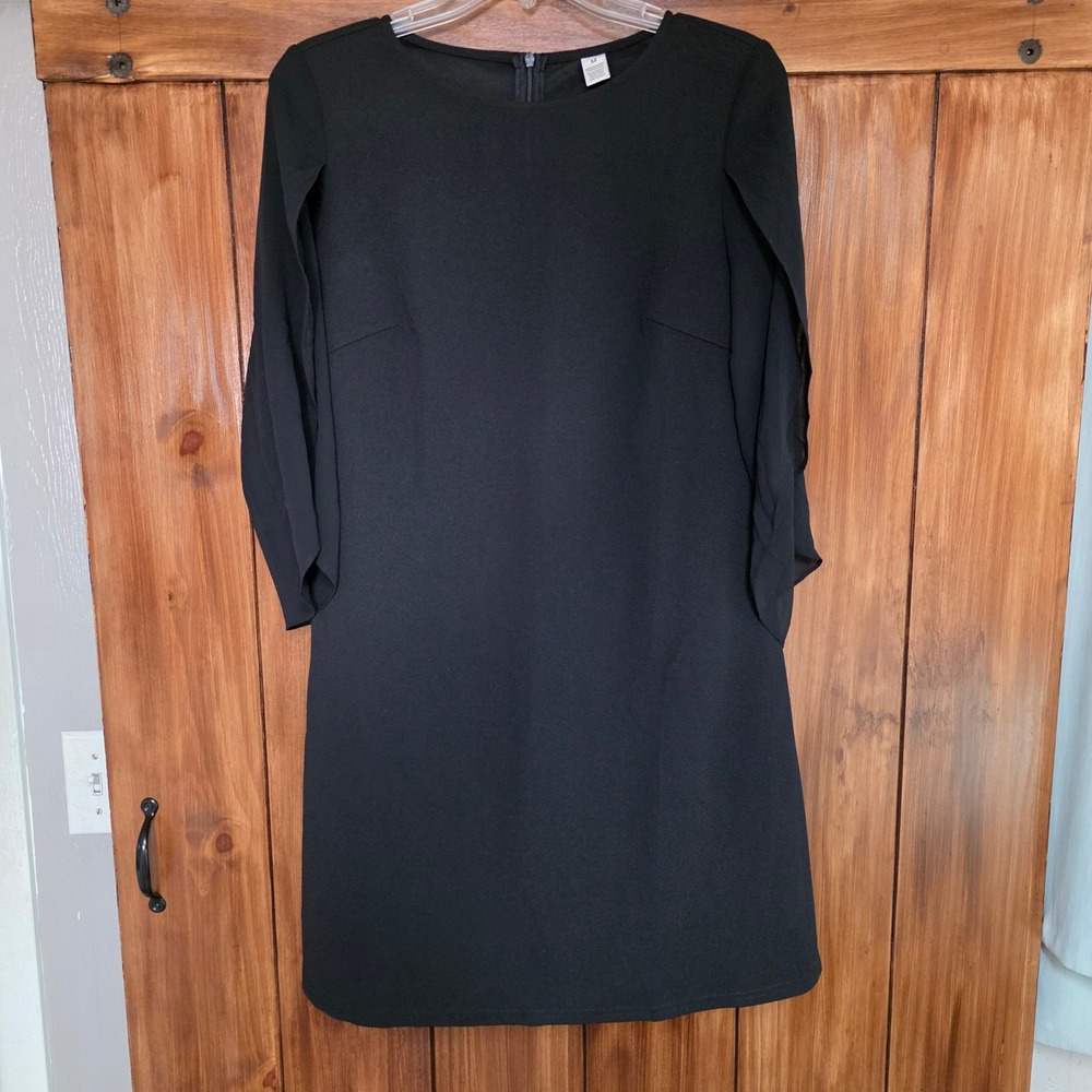 Black Dress Medium Sheer Split‎ Sleeve Stretch Shift Party Cocktail, NWT